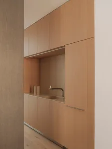 Modern residential kitchen featuring wooden cabinets and sleek design elements.