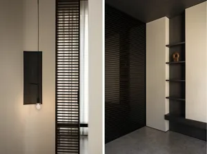Modern residential interior featuring a black screen partition and minimalist lighting design.