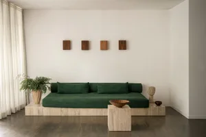 A minimalist living room featuring a green cushioned bench, a potted plant, and decorative items on a coffee table.