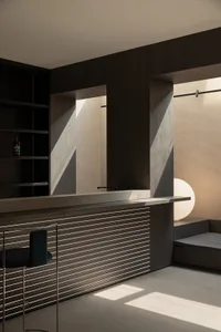 A modern bar designed with wooden elements, featuring a sleek and contemporary aesthetic.