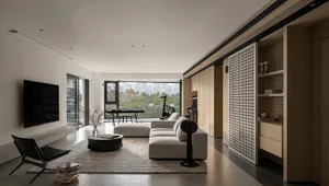 Modern interior design living room with wooden and paper elements.