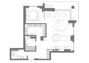 Floor plan of a modern living room with minimalist design, featuring exposed concrete walls and open layout.