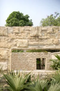 A view of a stone wall in a garden setting with green foliage and trees in the background.