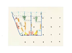 A colorful sketch of an apartment floor plan.