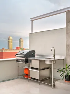 Modern outdoor kitchen on a rooftop with stainless steel appliances and a grill, featuring a sink and a sunny view of the cit