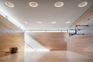 Minimalist indoor sports court with wood flooring and walls, featuring basketball hoops.