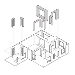 Isometric view of a modern house with metal frame and glass windows