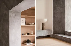 Concrete decorative elements in an interior design setting.