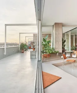 A minimalist terrace with a concrete patio featuring a grill and various potted plants.