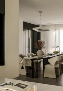 Modern kitchen with metallic furniture and decor, featuring sleek, minimalist design and clean lines.