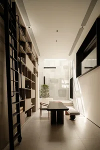 A modern library office space featuring wooden shelves and metal shelving.