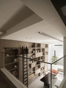A modern residential library with wooden shelves and a ladder.