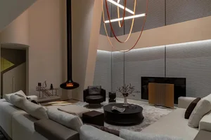 Modern living room with metallic decor, glass elements, wooden accents, and fabric furniture