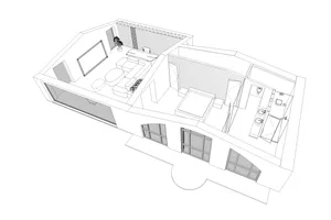 An architectural drawing of a modern residential interior featuring glass walls and concrete flooring.