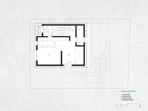 Minimalist residential floor plan in white paper with room labels and scale.