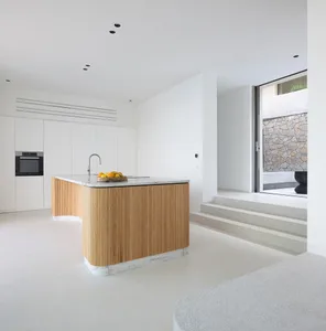 Modern kitchen featuring minimalist design with wooden accents and marble countertops.