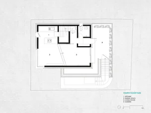 Floor plan of a modern residential interior with a kitchen, dining space, living room, and garden.