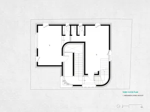 A detailed architectural floor plan depicting the layout of a building's third floor, featuring concrete, glass, and steel ma