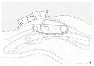 A detailed architectural rendering depicting a landscape design on paper.