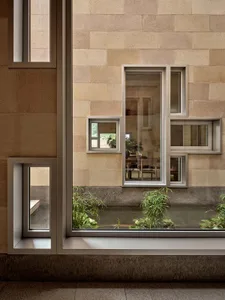 A modern interior space with concrete walls and a low-water pond with green plants.