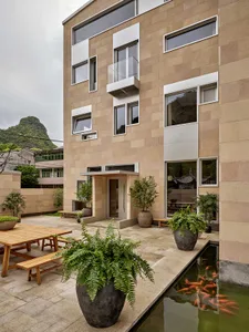 現代住宅建築採用混凝土外觀，搭配大型窗戶，以及設有植物與水景的戶外露台。