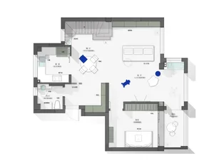 Modern apartment layout with white walls and white furniture, featuring a living room, dining room, kitchen, bedroom, and bat
