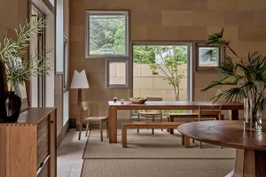 A modern residential casual dining room featuring a wooden table surrounded by chairs and benches, with plants and natural li