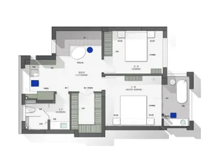 2D architectural floor plan layout for a modern residential space, featuring bedrooms, living room, bathrooms, and storage so