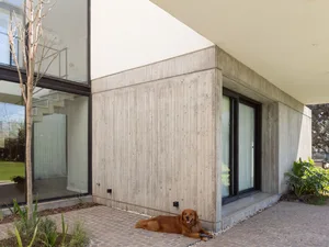 A modern exterior building with a concrete wall and glass windows.