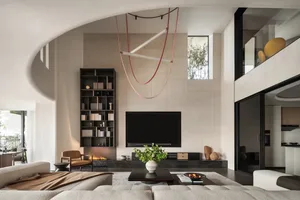Modern minimalist living room with marble walls and furniture, showcasing contemporary design and elegance.