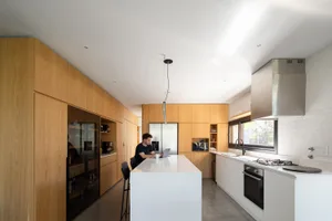 Modern residential kitchen with concrete countertops and wooden cabinetry.
