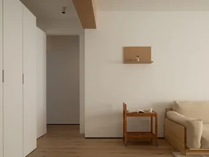 A minimalist residential interior featuring a light-colored wood floor, sofa, and shelves.