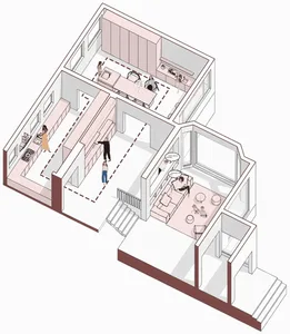 A detailed architectural plan of a modern interior featuring furniture arrangements and layout.