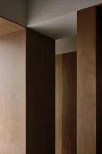A modern interior space featuring wooden paneling materials.