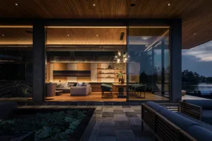 Modern living room with wooden ceiling, glass walls, and concrete flooring