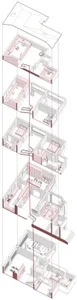 A detailed rendered floor plan depicting various residential rooms and spaces in a multi-story building.