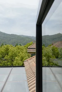 A view through a glass lens showing green foliage and rooftops against a hazy sky.
