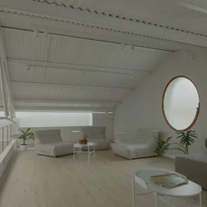 A minimalist living room with neutral-colored furniture and decor, featuring a large round window and a slanted ceiling.