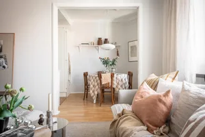A cozy neutral-tones living room with a comfortable sofa adorned with soft pillows and a textured blanket, wooden coffee tabl