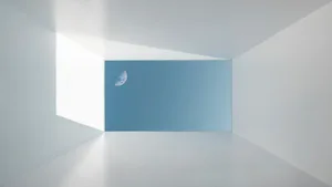 A minimalist interior design with an empty, white room and a clear view of the half-moon through a rectangular window.