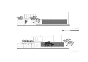 Technical drawing of a modern building exterior, showing architectural elements and layout.