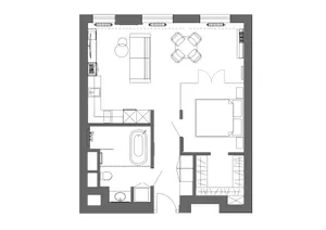 Floor plan of a minimalist residential apartment with living and dining areas, kitchen, bathroom, and bedroom.