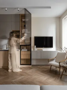 A modern living space featuring a combined kitchen and living area with minimalist design elements and a mix of wood, glass, 