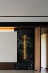 A modern interior space featuring a marble wall and wooden door.