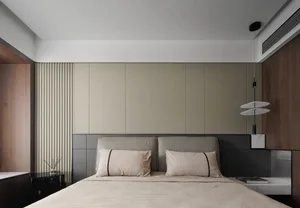 Modern bedroom featuring wooden elements and a minimalist design.