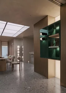Modern residential living room with terrazzo flooring and contemporary furniture.
