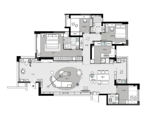 A detailed 2D architectural floor plan of a modern residential space with various rooms and functional zones, including bedro
