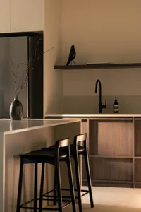 A minimalist kitchen with wooden cabinetry and a sleek, modern design.