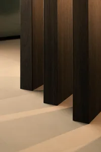 Modern interior design featuring wooden columns