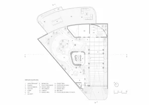 Motorhome interior design showing the floor plan with concrete, glass, and wooden materials.